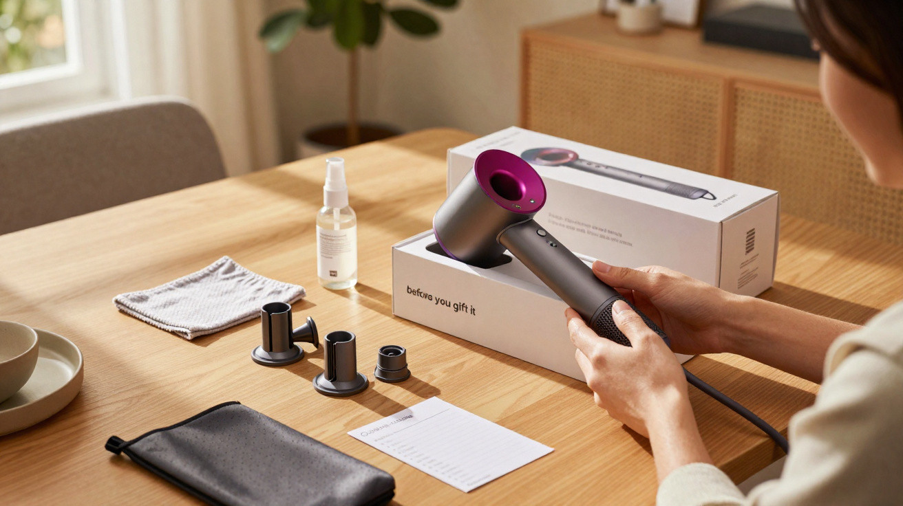 Person holding a grey and pink hairdryer on a wooden table with accessories and packaging box nearby.
