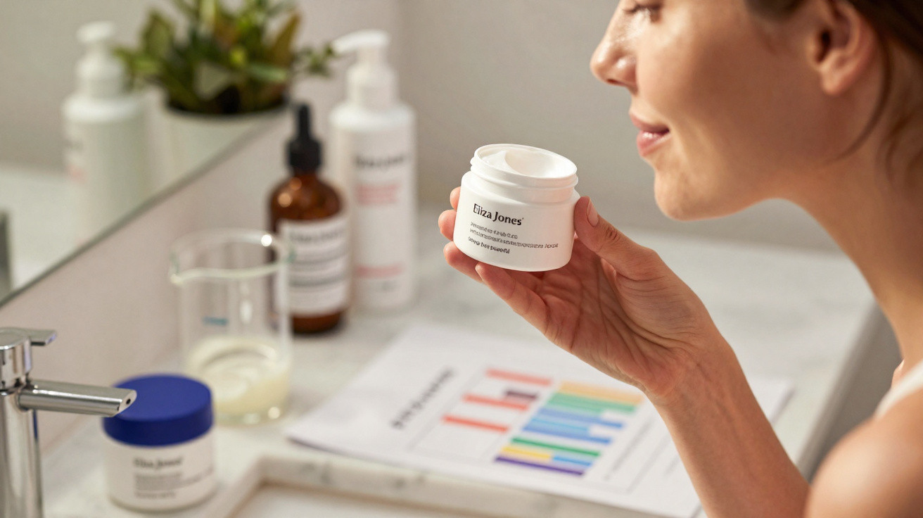 Woman holding an open jar of Eliza Jones face cream in a bathroom with skincare products on the sink.