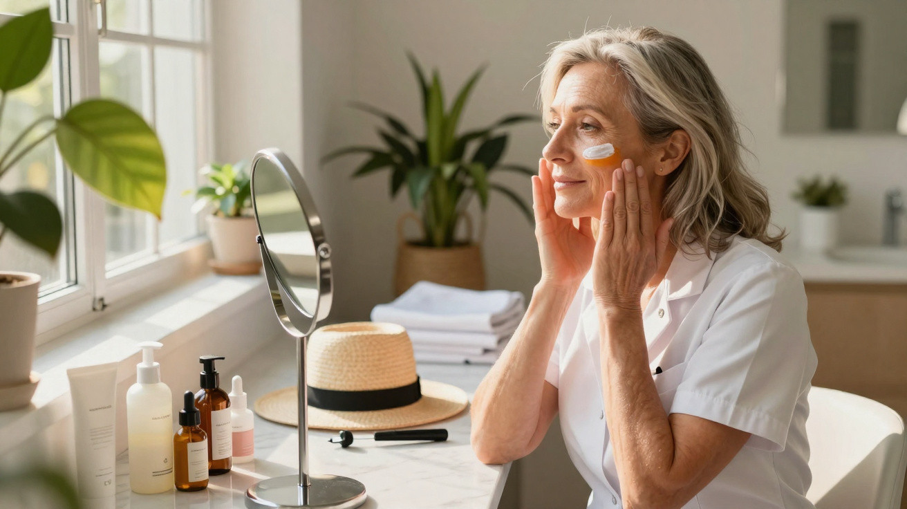 Mature woman applying cream to her face sitting at a vanity table with skincare products and a mirror.