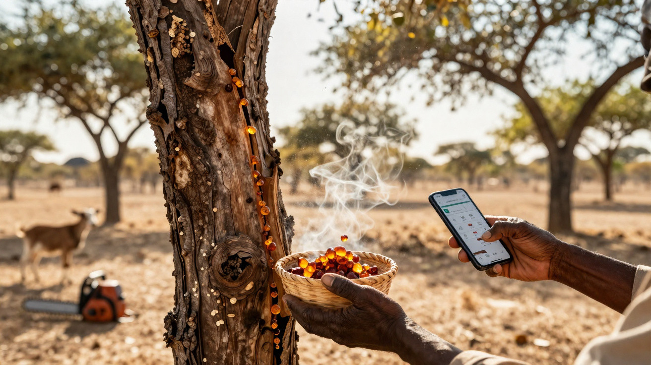 Hands holding steaming shea nuts in a basket and a smartphone next to a shea tree with sap in dry woodland.