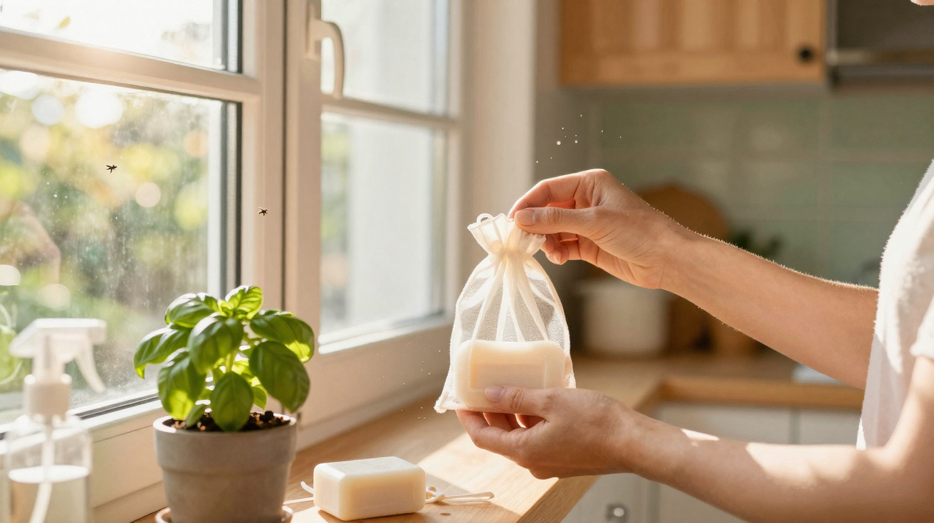 Hands holding a white soap bar in a mesh bag near a window with a basil plant and soap on the sill.