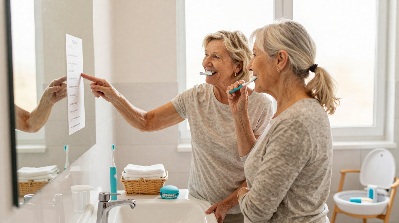 Two elderly women brushing teeth together in a bathroom, one pointing at a paper on the mirror.
