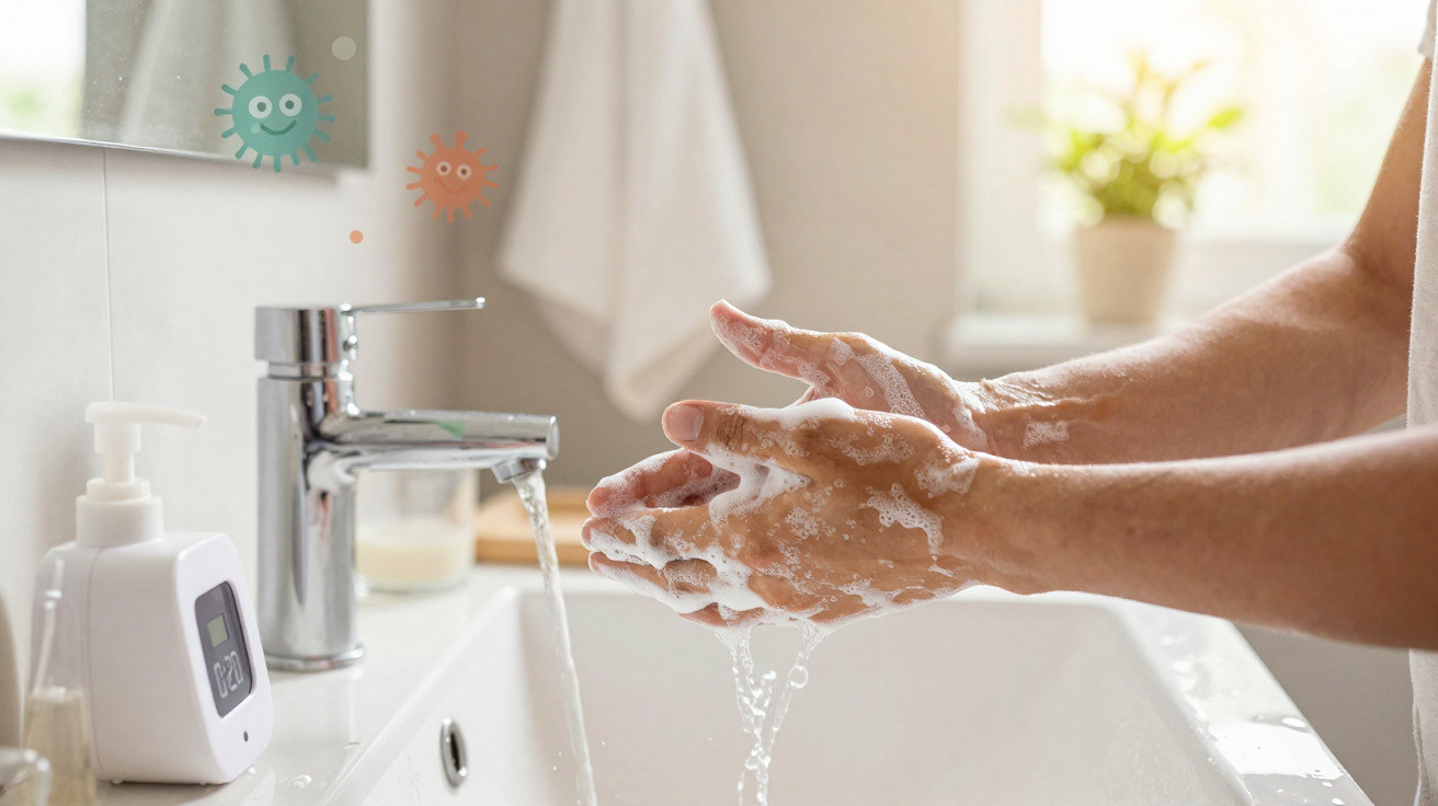 Person washing soapy hands under running tap water in a bathroom sink with virus icons on the mirror.