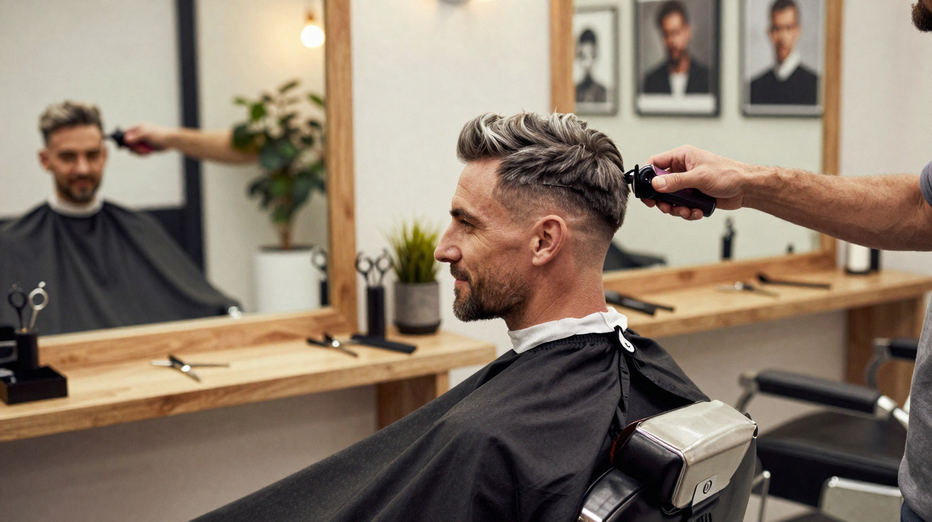 Man with grey hair getting a haircut in a modern barbershop, seated in a barber chair with a black cape.