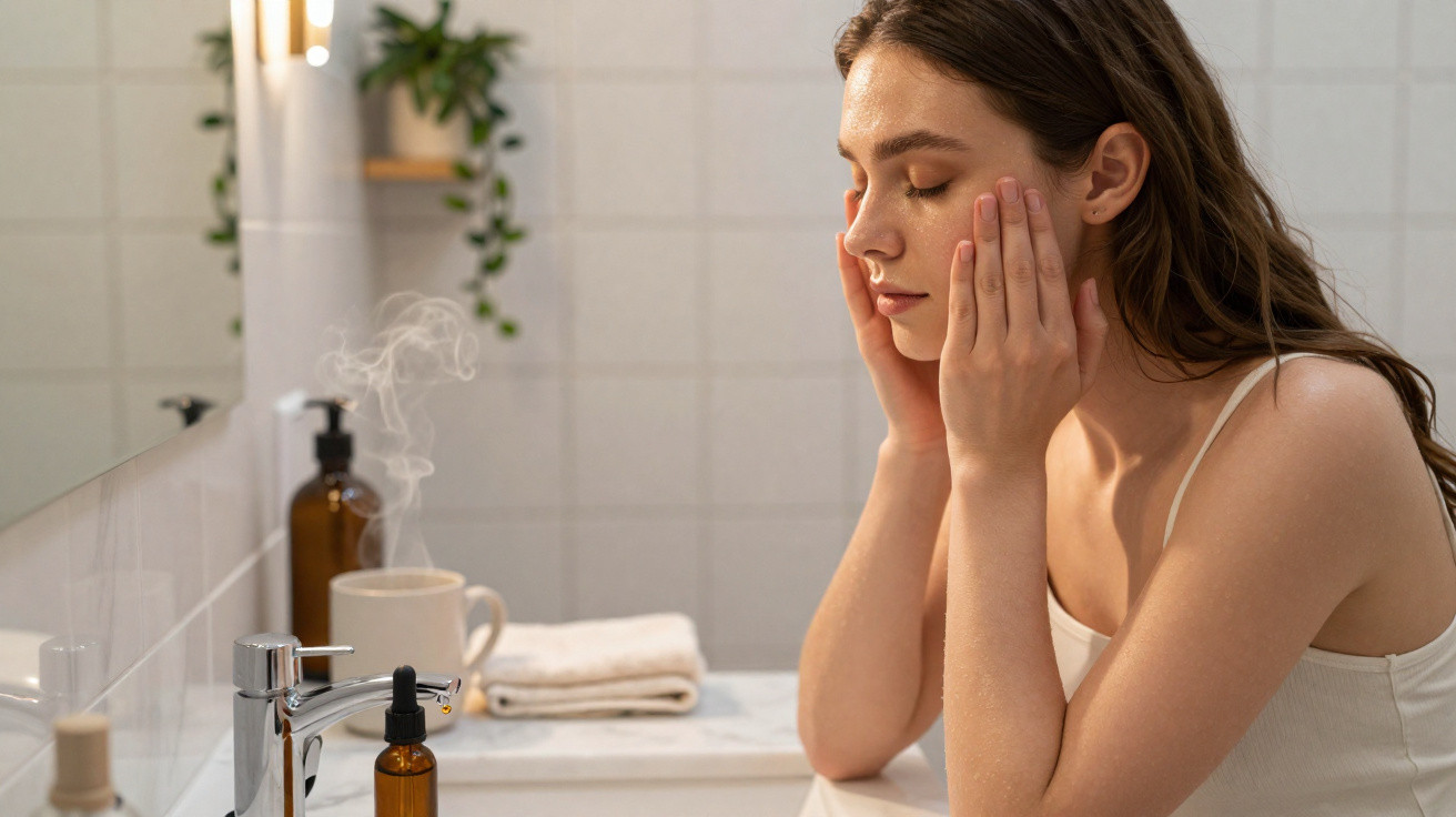 Young woman in white tank top gently touching her face in a bathroom with skincare products and steaming mug nearby.
