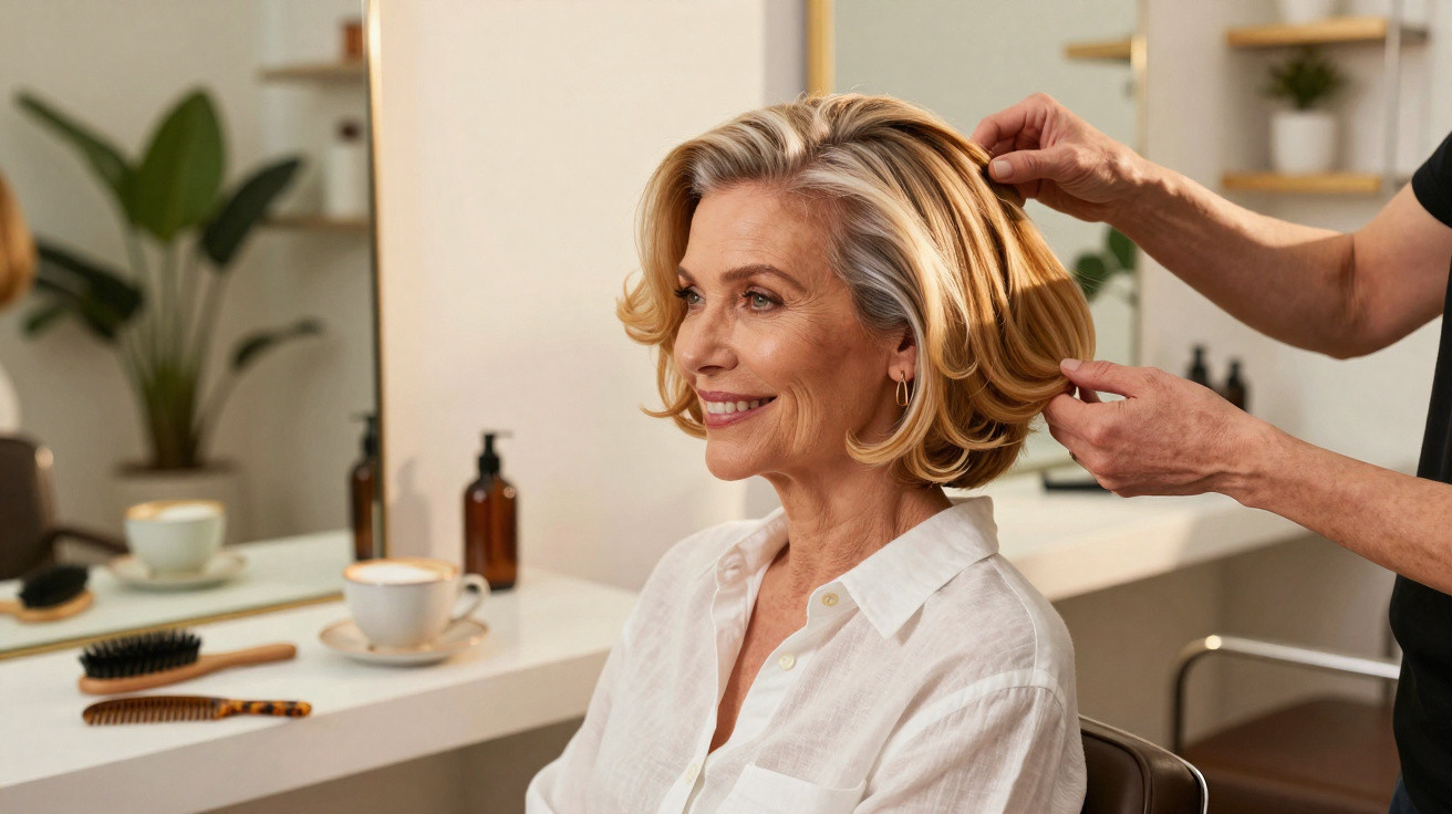Older woman smiling while a stylist arranges her short blonde hair in a salon with a coffee cup nearby.