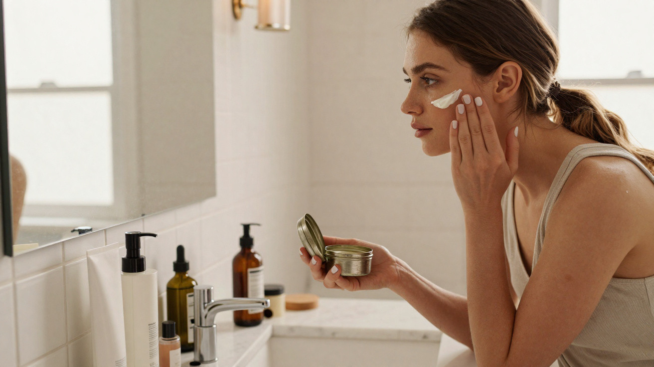 Woman applying cream to her face in a bathroom holding an open skincare jar by the mirror