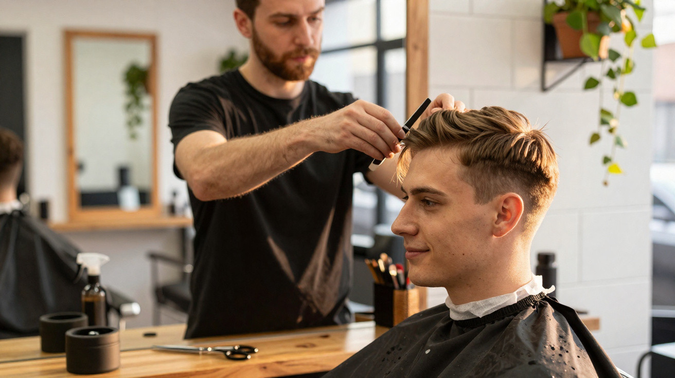 Barber trimming a young man's styled haircut in a modern salon with natural light.