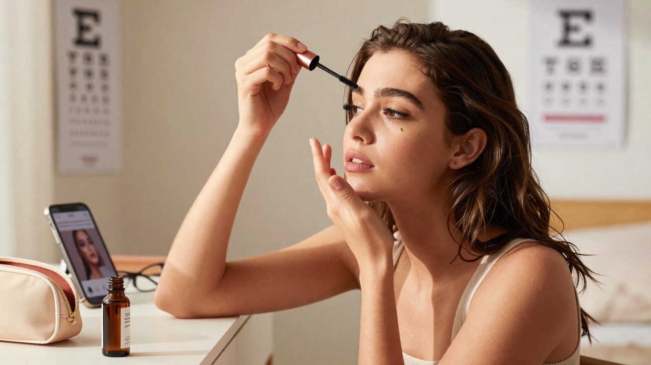 Young woman applying mascara while following a tutorial on her smartphone at a bedroom desk.