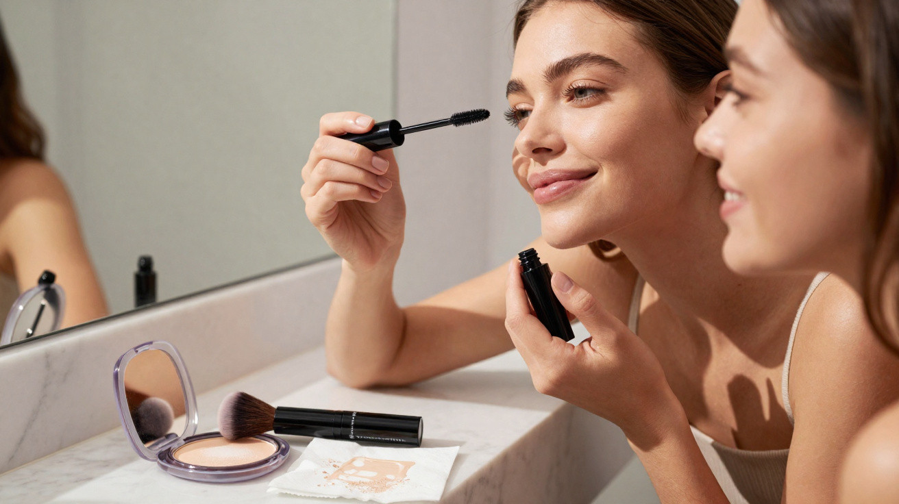 Young woman applying mascara while looking in a bathroom mirror with makeup products on the counter.
