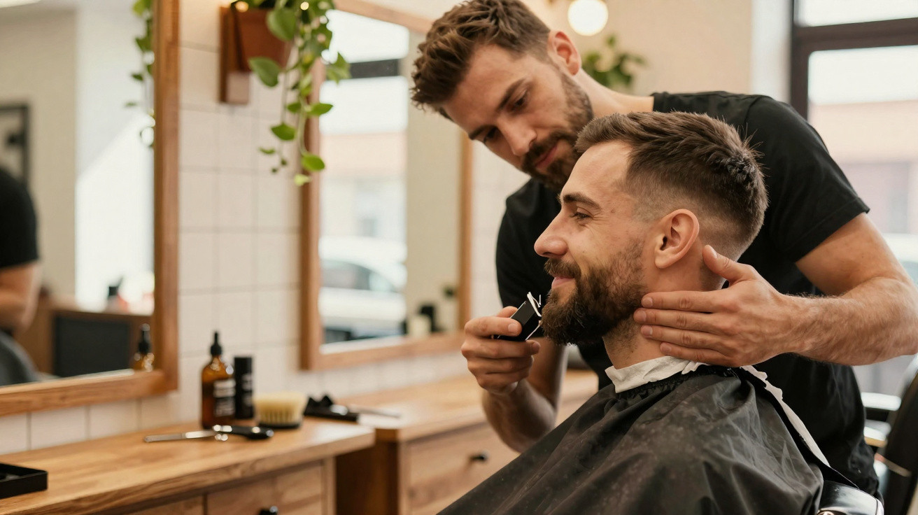 Barber trimming a customer's beard with electric clippers in a modern barbershop.