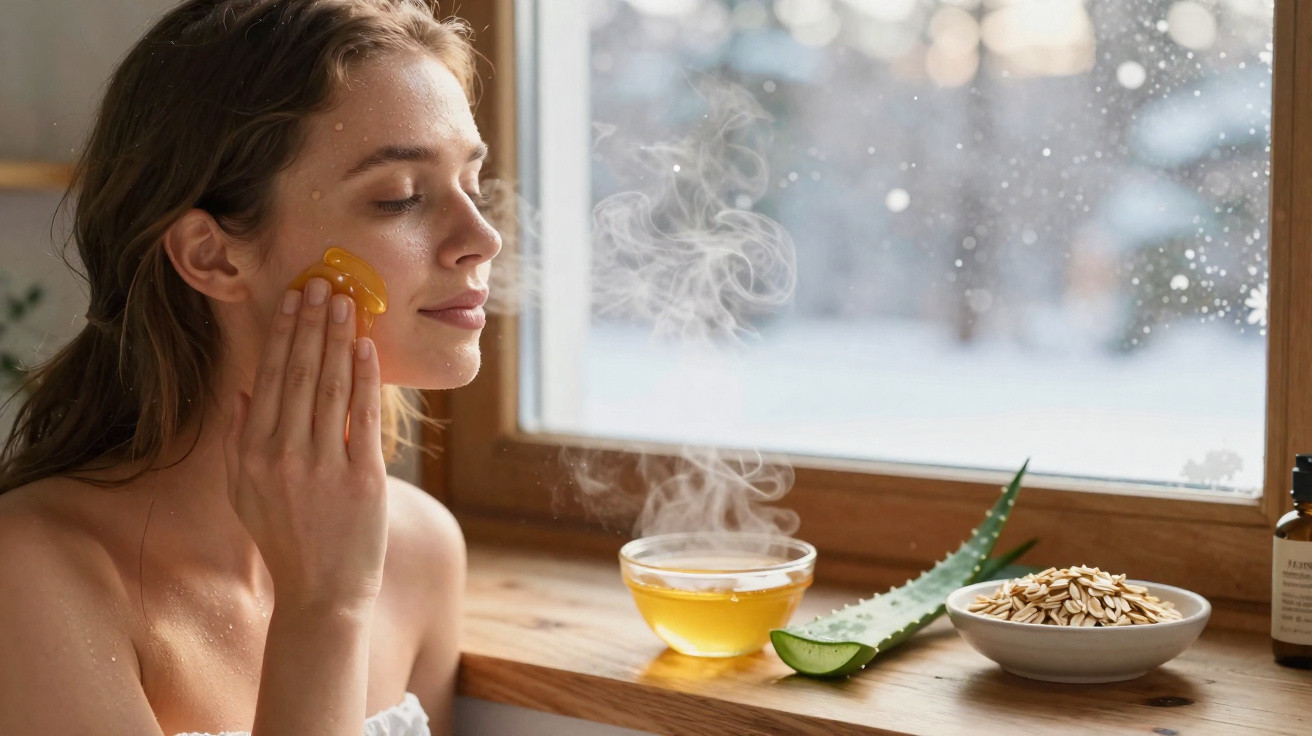 Woman applying honey face mask by a steamy window with aloe vera and oats on windowsill in winter.
