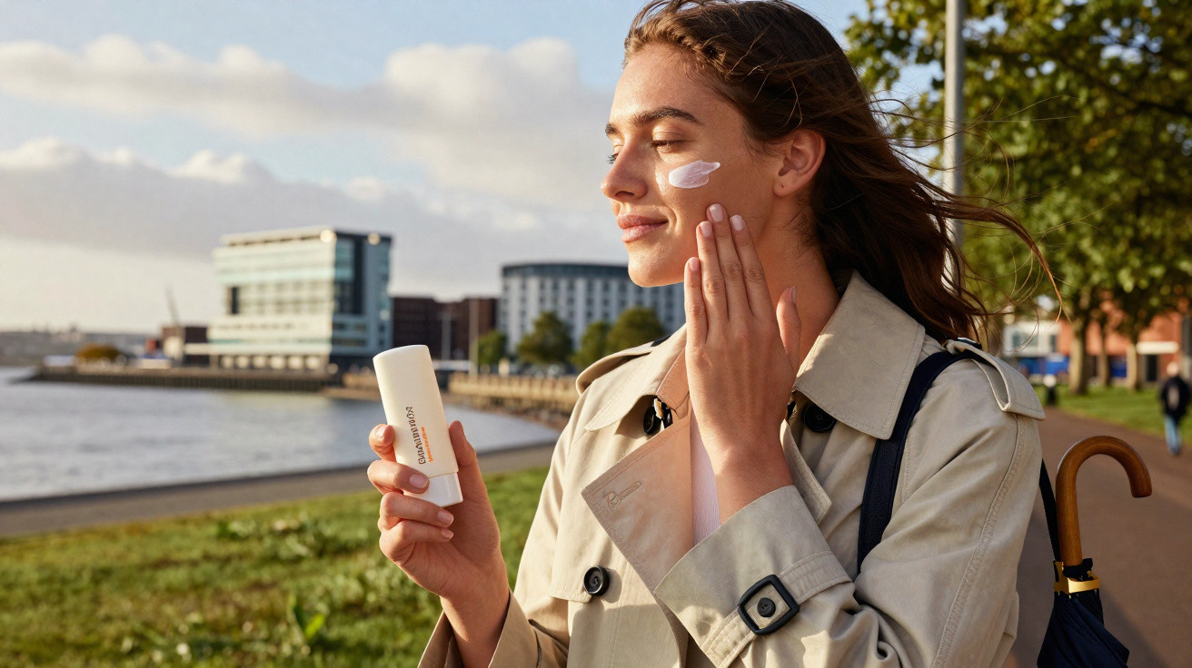 Woman in trench coat applying sunscreen to her face by a riverside on a sunny day.