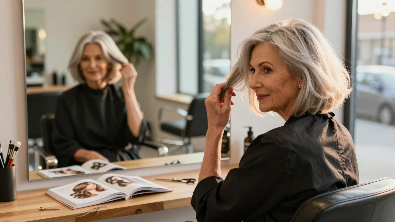Older woman with grey hair sitting in a salon chair, touching her hair while looking in the mirror.