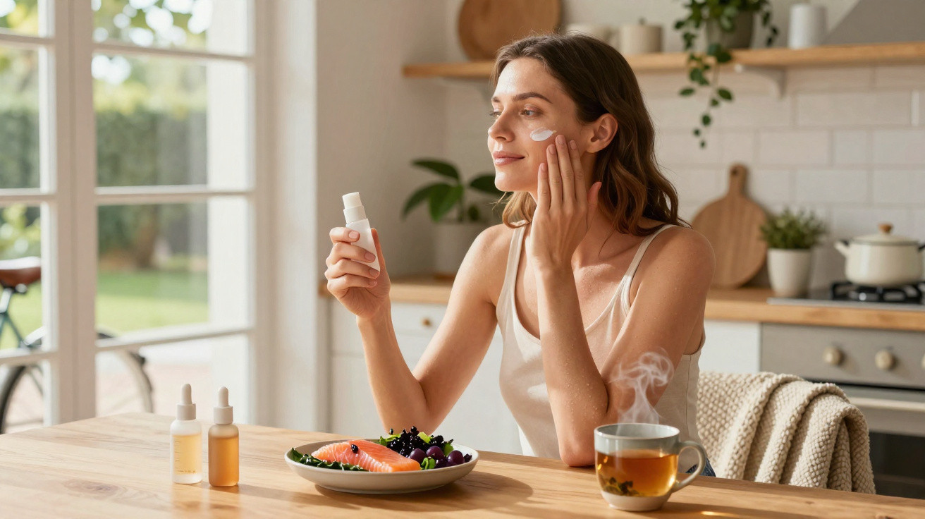 Woman applying skincare cream at kitchen table with healthy food and tea nearby in natural light.