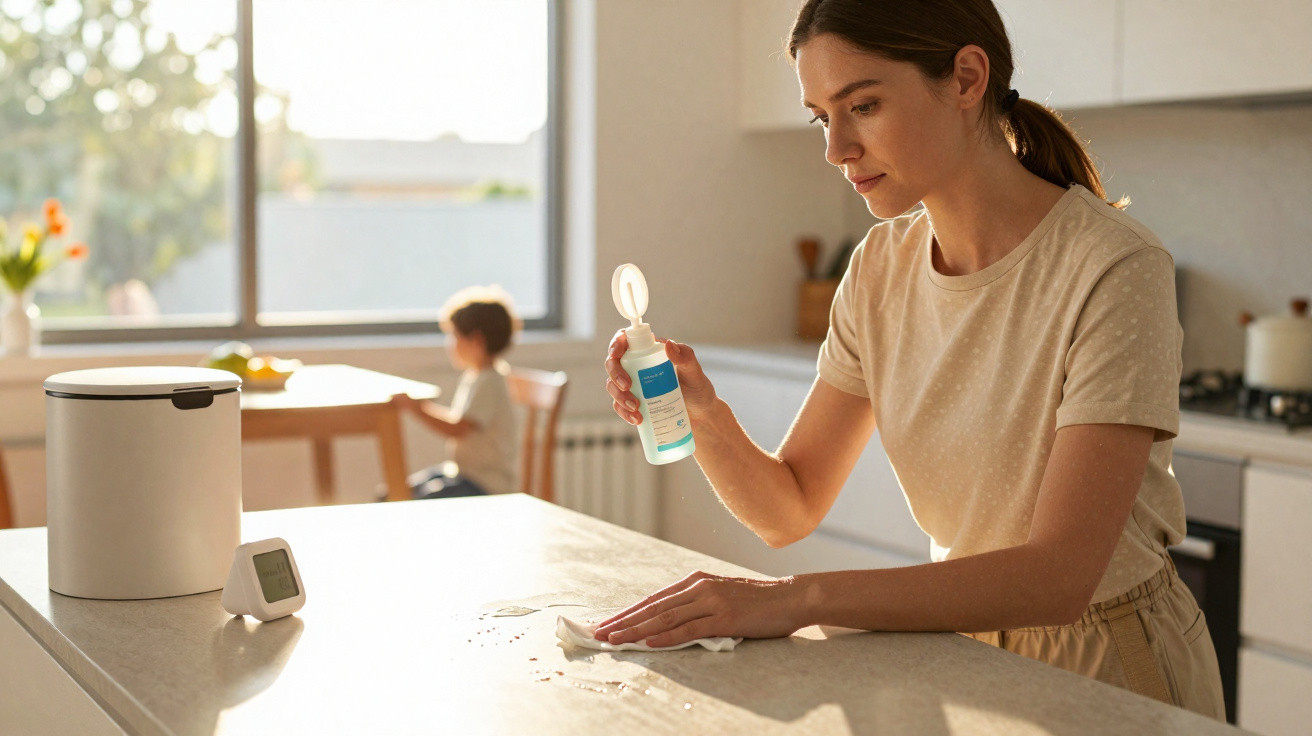 Woman cleaning kitchen countertop with disinfectant spray and cloth, child sitting at table in background.