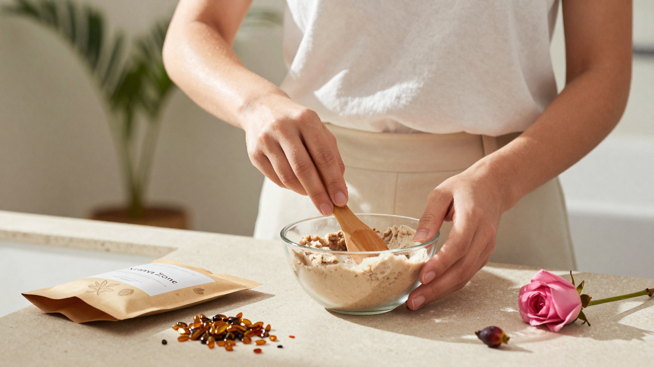 Person mixing cream or scrub in a glass bowl on kitchen counter with supplements and pink rose nearby.