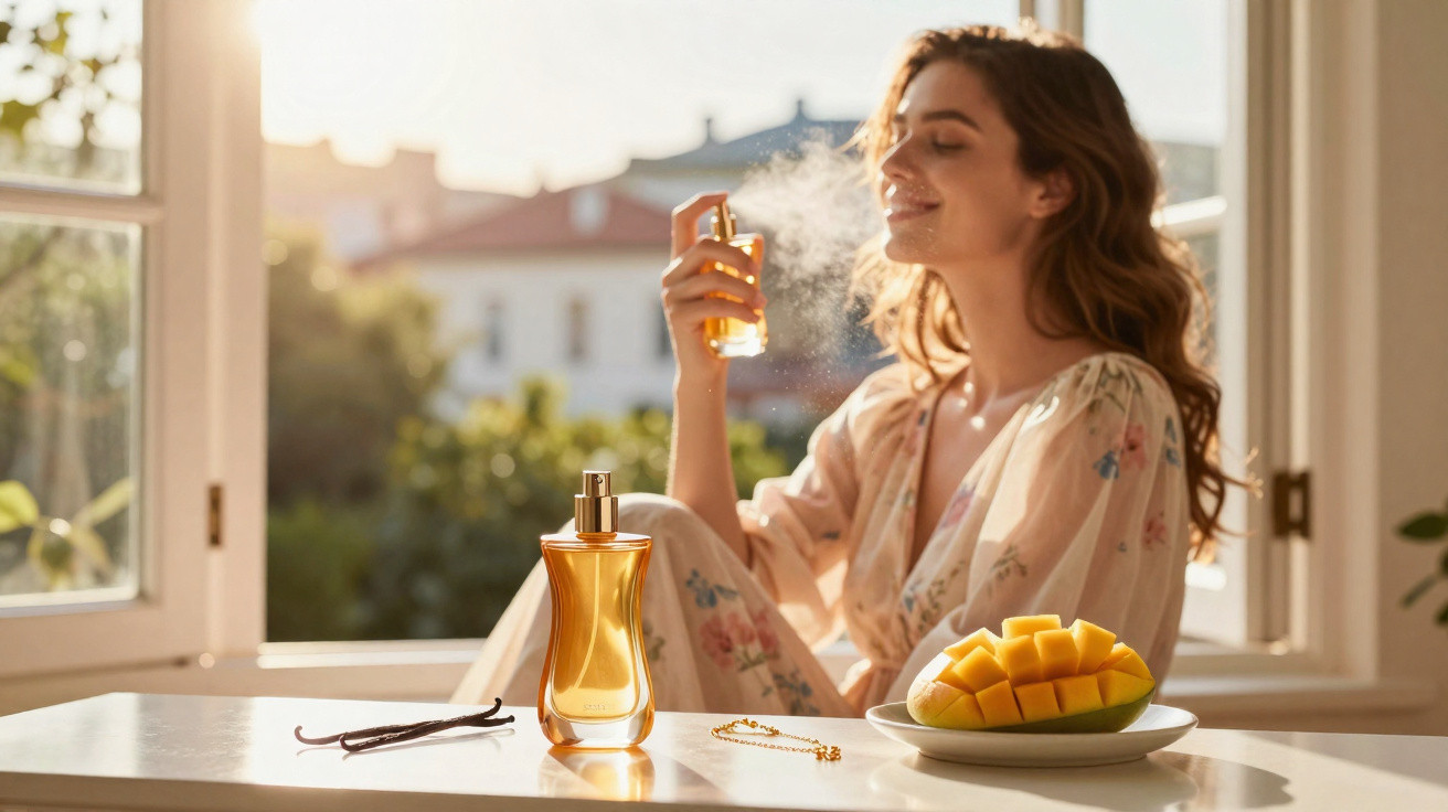 Woman in floral robe spraying perfume with mango, vanilla pods, and jewellery on table by open window