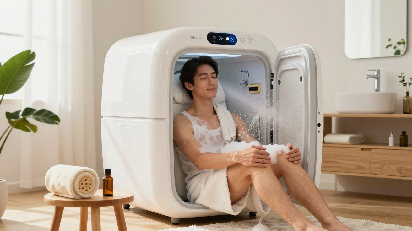 Man enjoying a relaxing steam shower in a modern, compact home steam sauna unit in a bright bathroom.