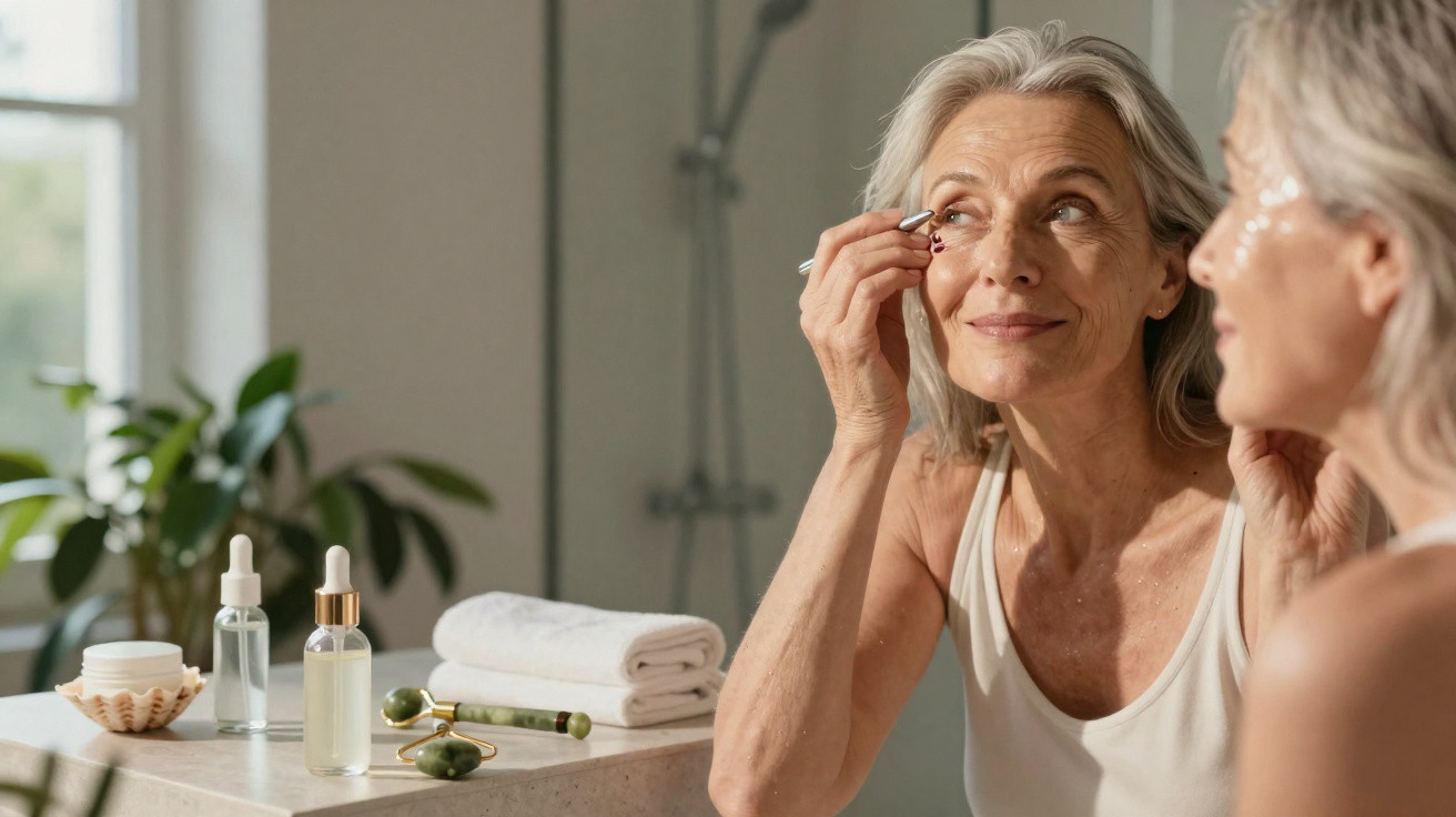 Older woman using an eye roller on her under-eye area in a bright bathroom with skincare products nearby.