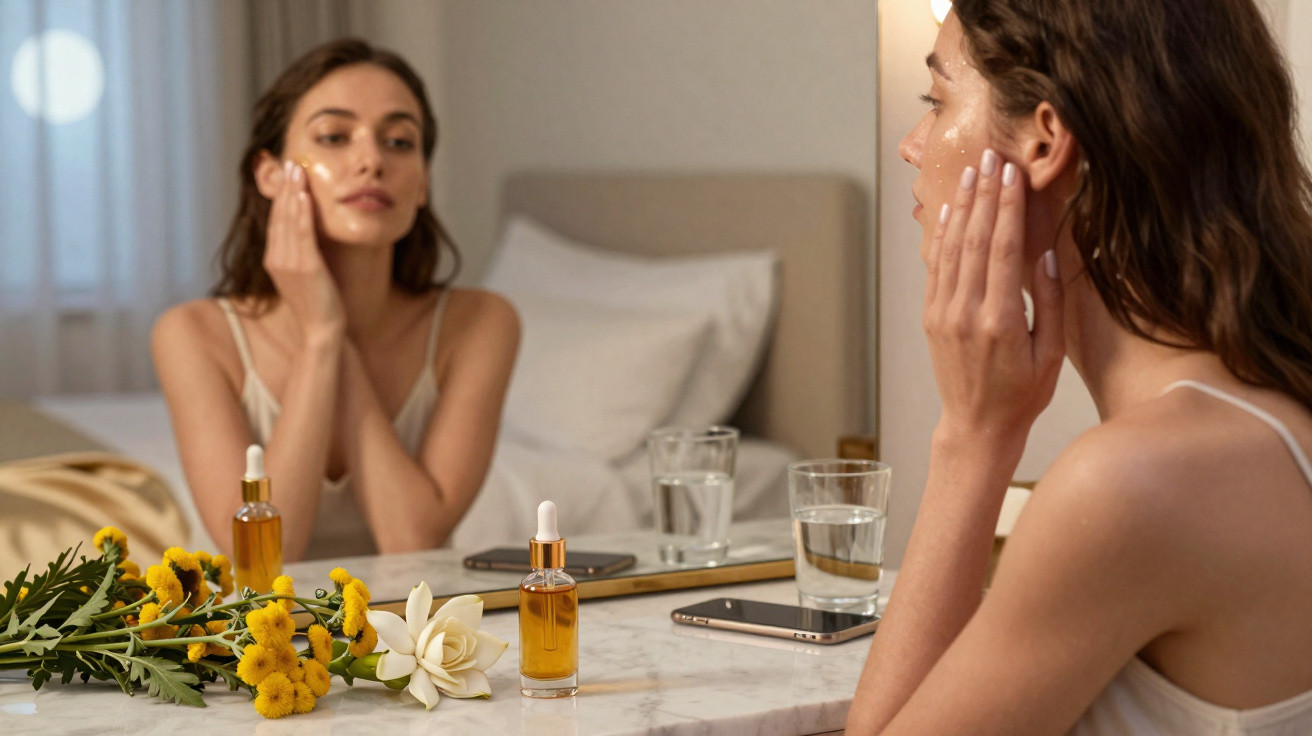 Woman applying facial oil in front of a mirror with flowers, a phone, and a glass of water on the table.