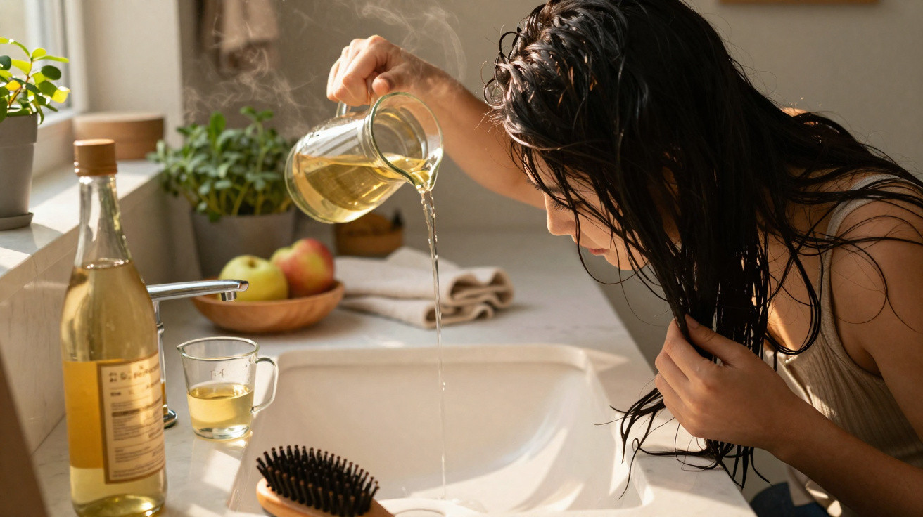 Woman rinsing her wet hair over a sink while pouring liquid from a glass jug in a bright kitchen.