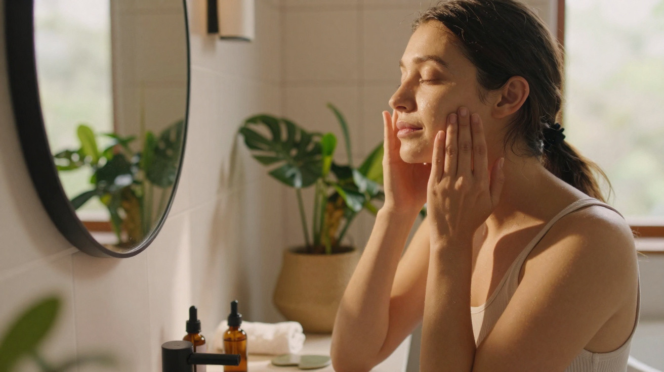 Woman with eyes closed gently applying skincare to her face in a bathroom with plants.