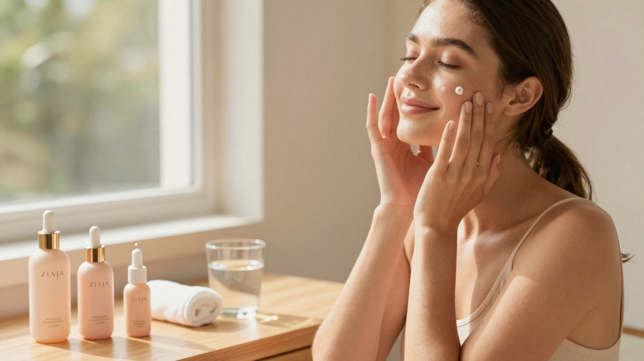 Young woman with eyes closed applying cream to her face while sitting at a wooden table by a window.