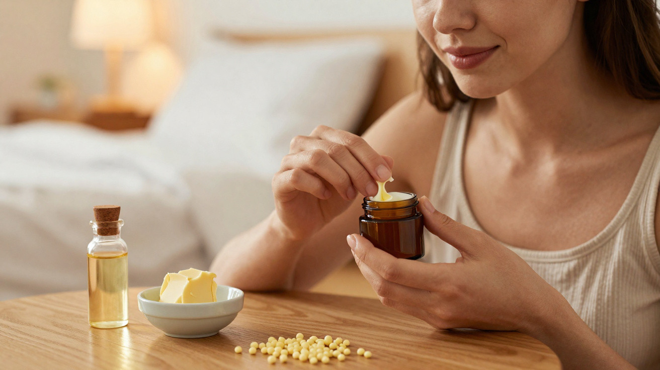 Woman scooping natural cream from a jar with ingredients on wooden table in cosy bedroom setting.