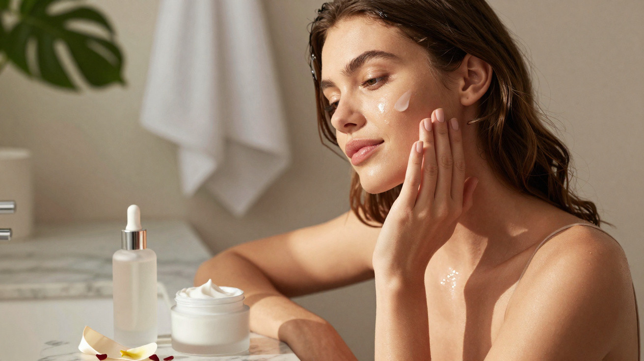 Woman applying skincare cream to her cheek in a bathroom with cosmetics on a marble countertop.
