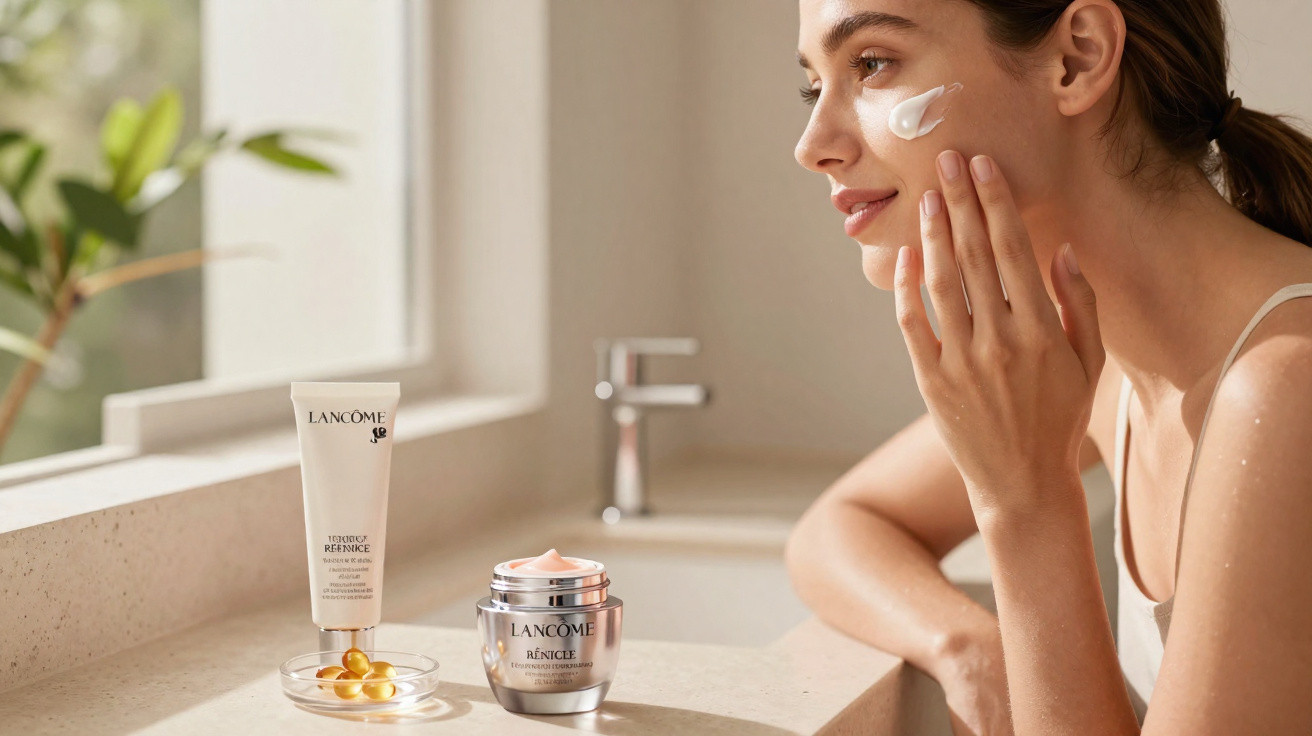 Woman applying face cream with Lancôme skincare products on bathroom counter near window.