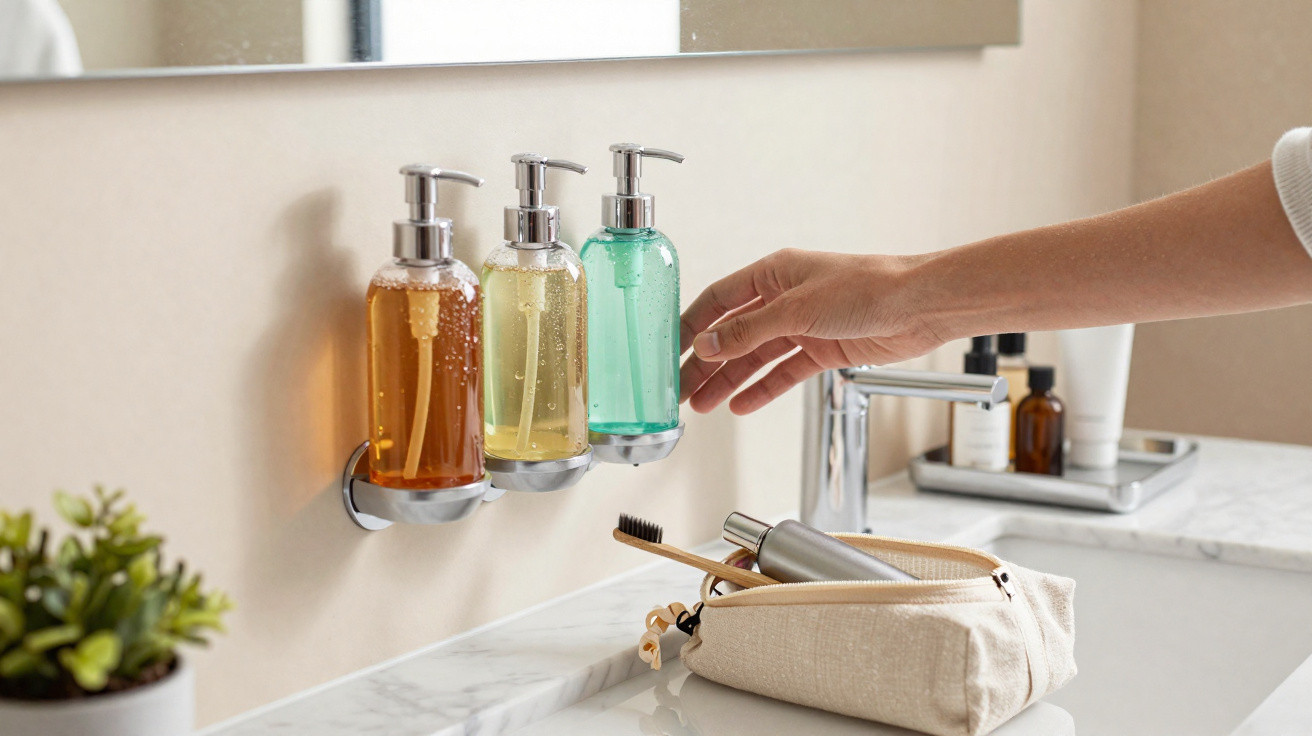 Hand reaching for wall-mounted liquid soap dispensers above a bathroom sink with a toiletry bag and toothbrush.