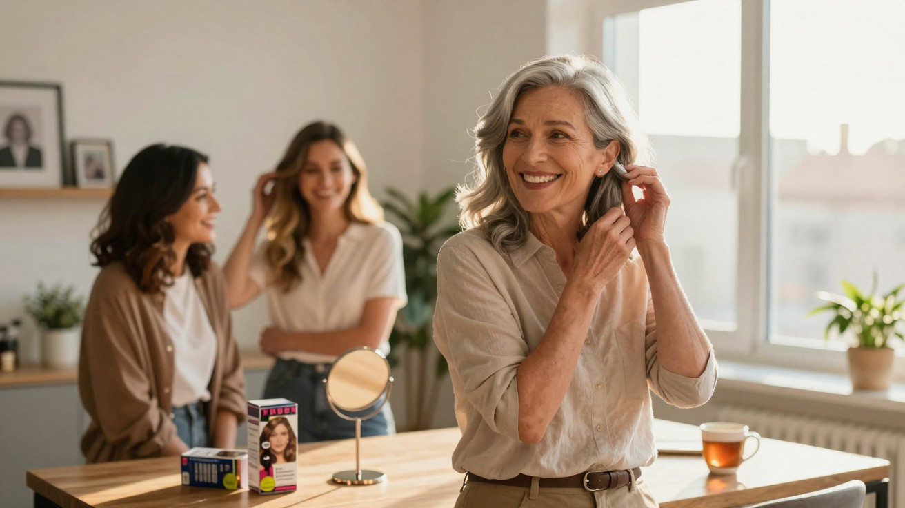 Smiling older woman adjusting her earring in a sunlit room with two younger women chatting in the background.