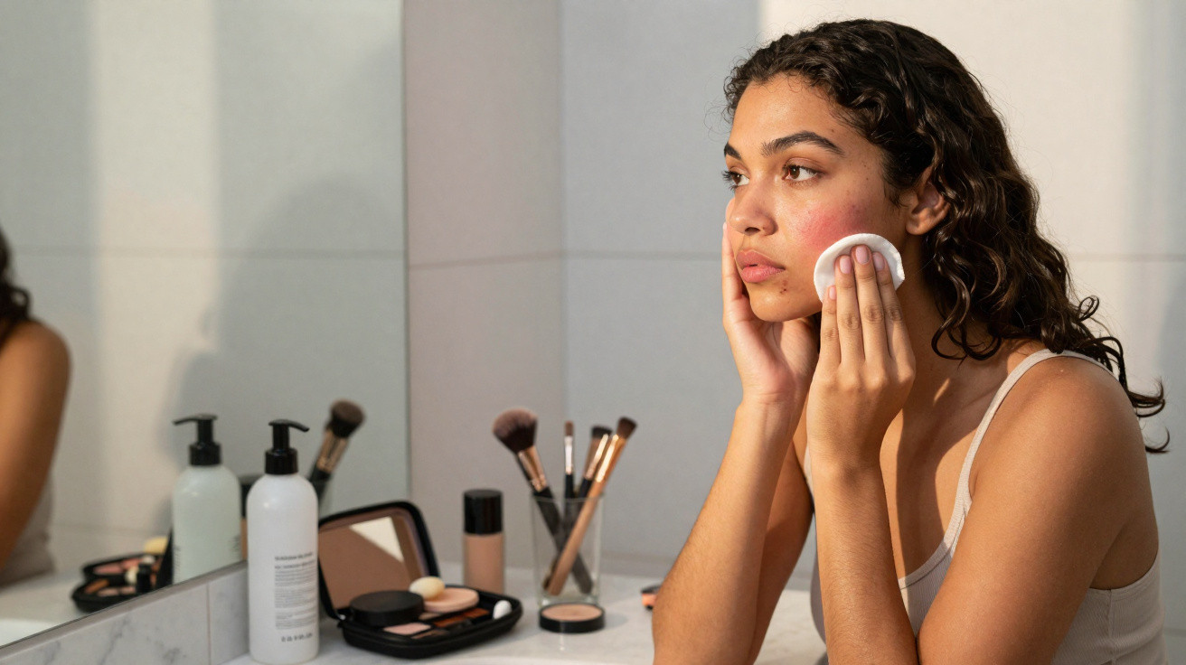 Young woman cleansing her face with a cotton pad at a bathroom counter with makeup products.