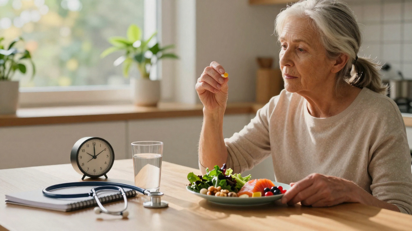Elderly woman holding a pill while sitting at a table with a plate of healthy food and a glass of water.