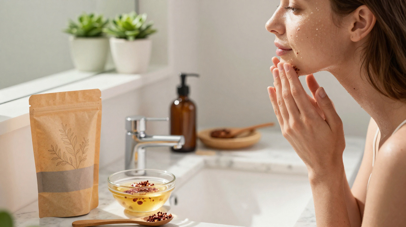 Woman applying facial scrub with skincare items and plants on bathroom counter near sink.