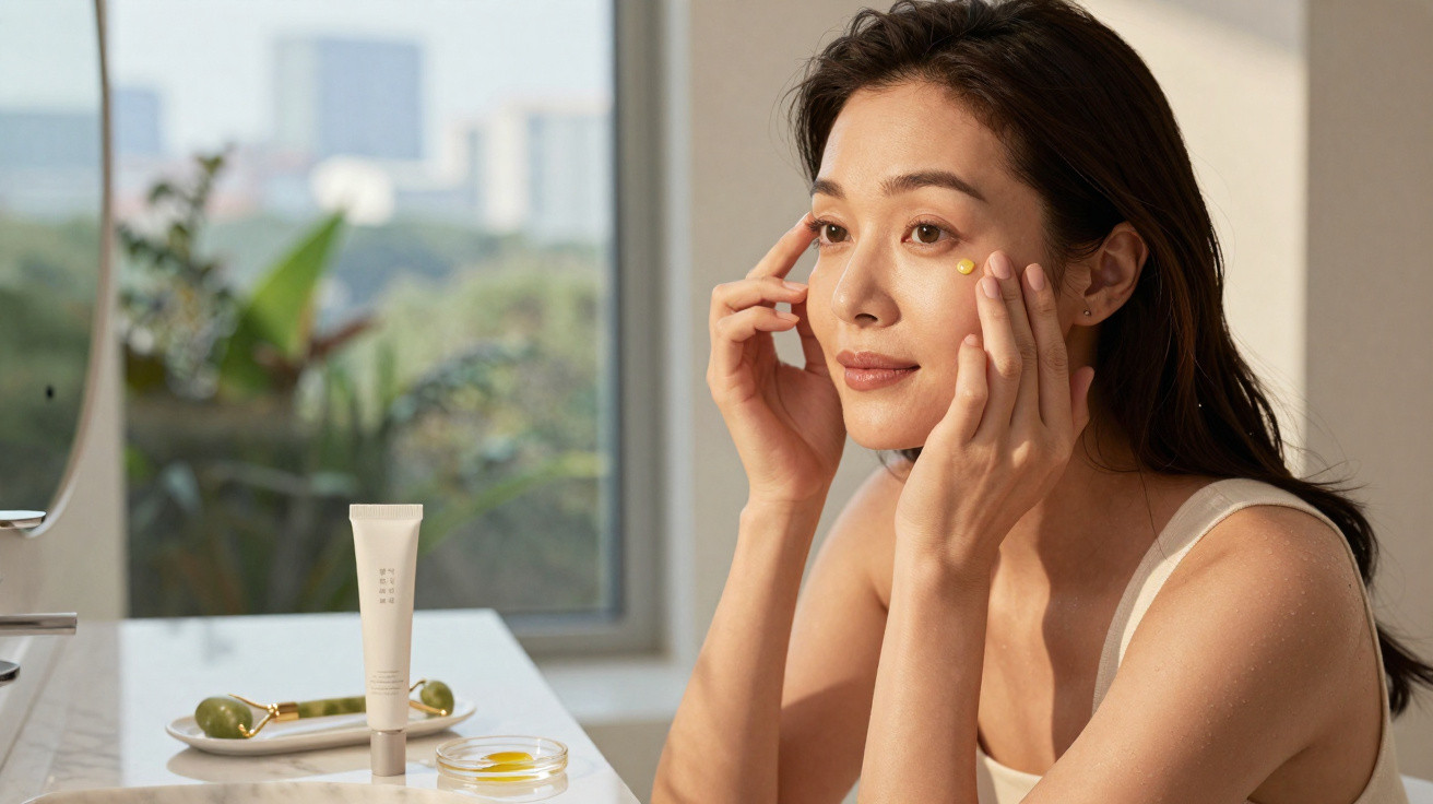 Woman applying yellow cream to her face in a bright bathroom with skincare products on the counter.