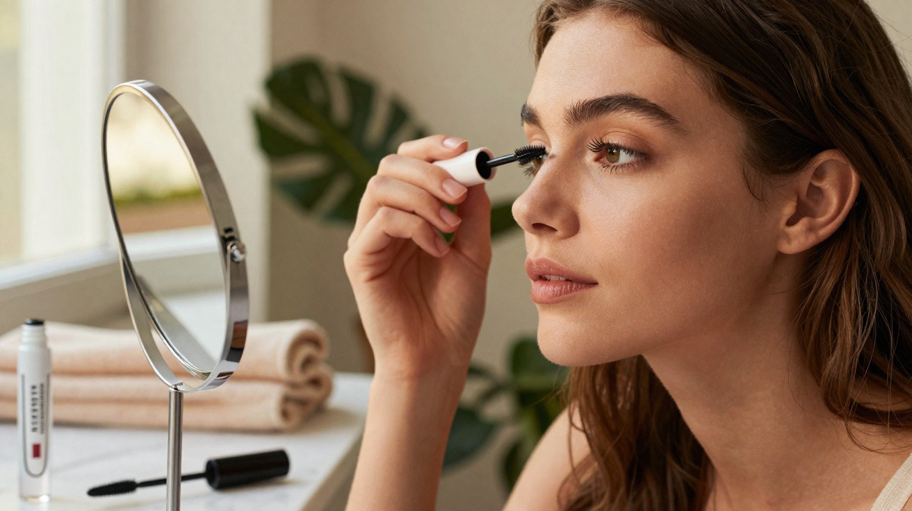 Young woman applying mascara while looking into a round mirror on a bathroom counter with towels.
