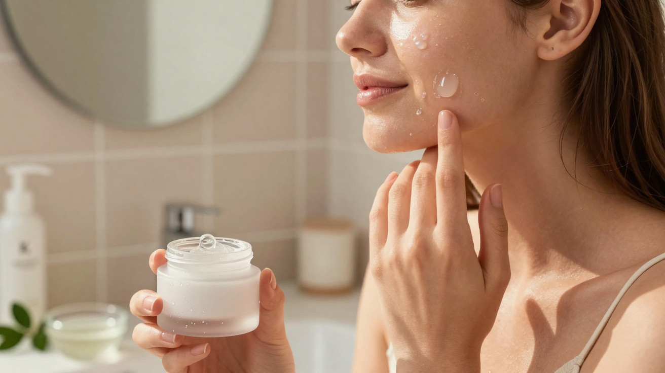 Woman applying clear gel moisturizer to her cheek in a bright bathroom setting.