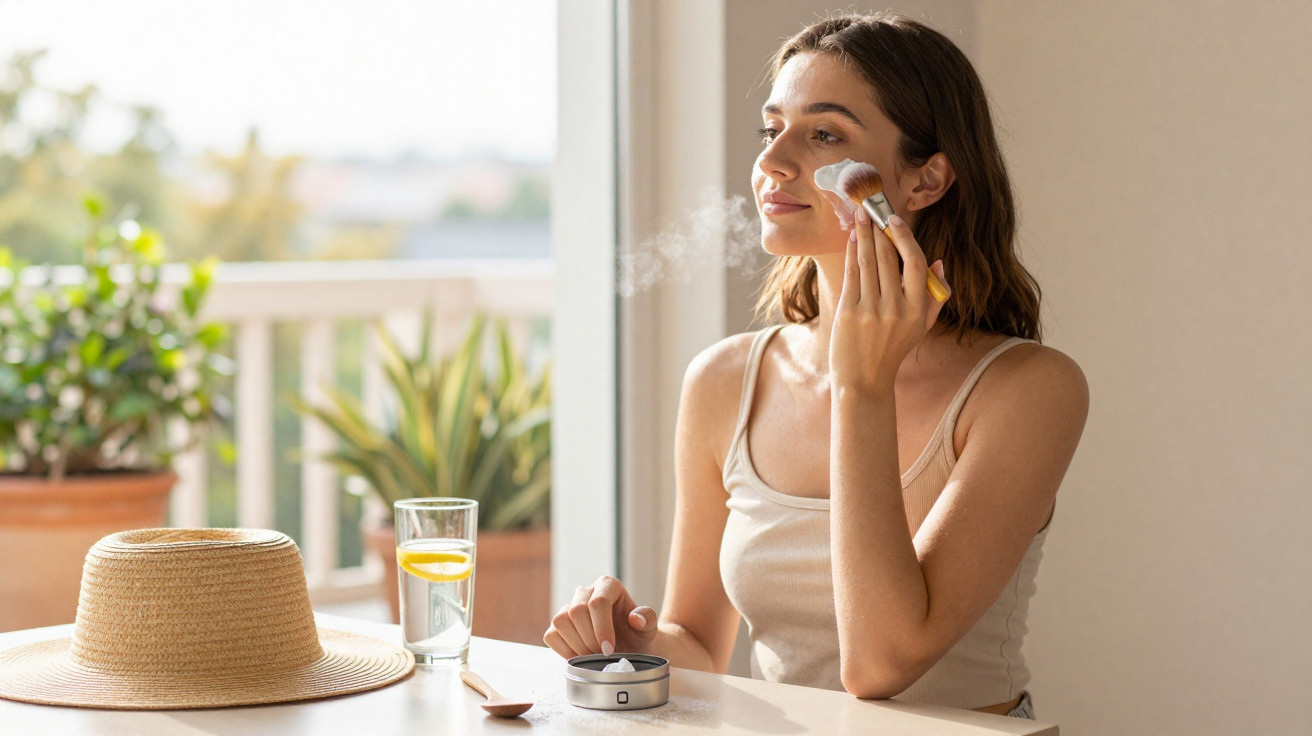 Young woman applying face powder with a brush while sitting at a table on a sunny balcony