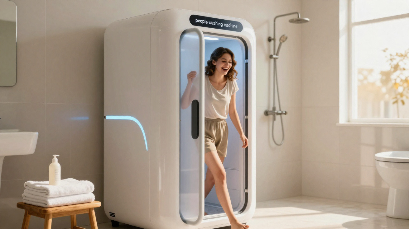 Young woman enjoying stepping out of a modern peeple washing machine in a bright bathroom.