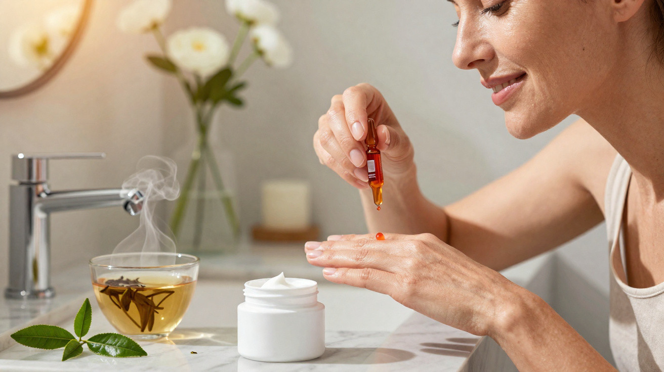 Woman applying serum from dropper to hand with jar of cream and steaming cup of tea on bathroom counter