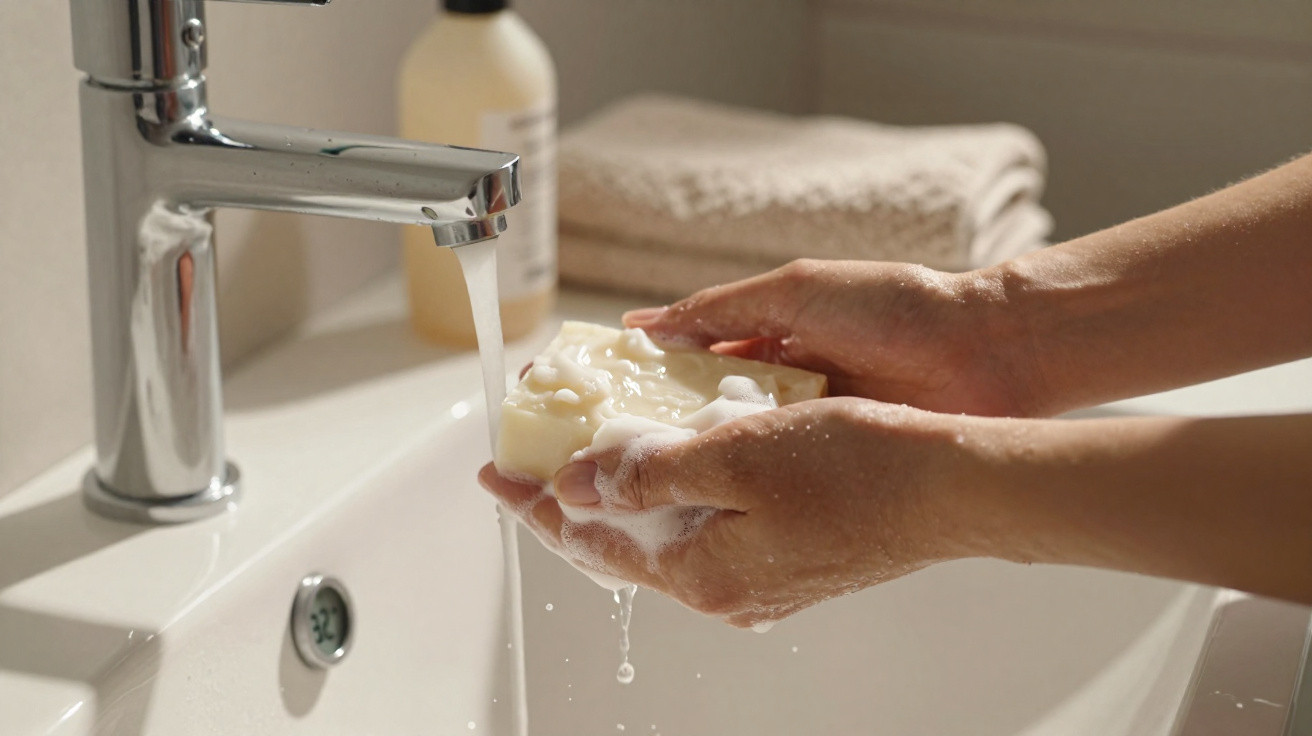 Hands lathering a bar of soap under a running tap in a white bathroom sink with a towel in the background