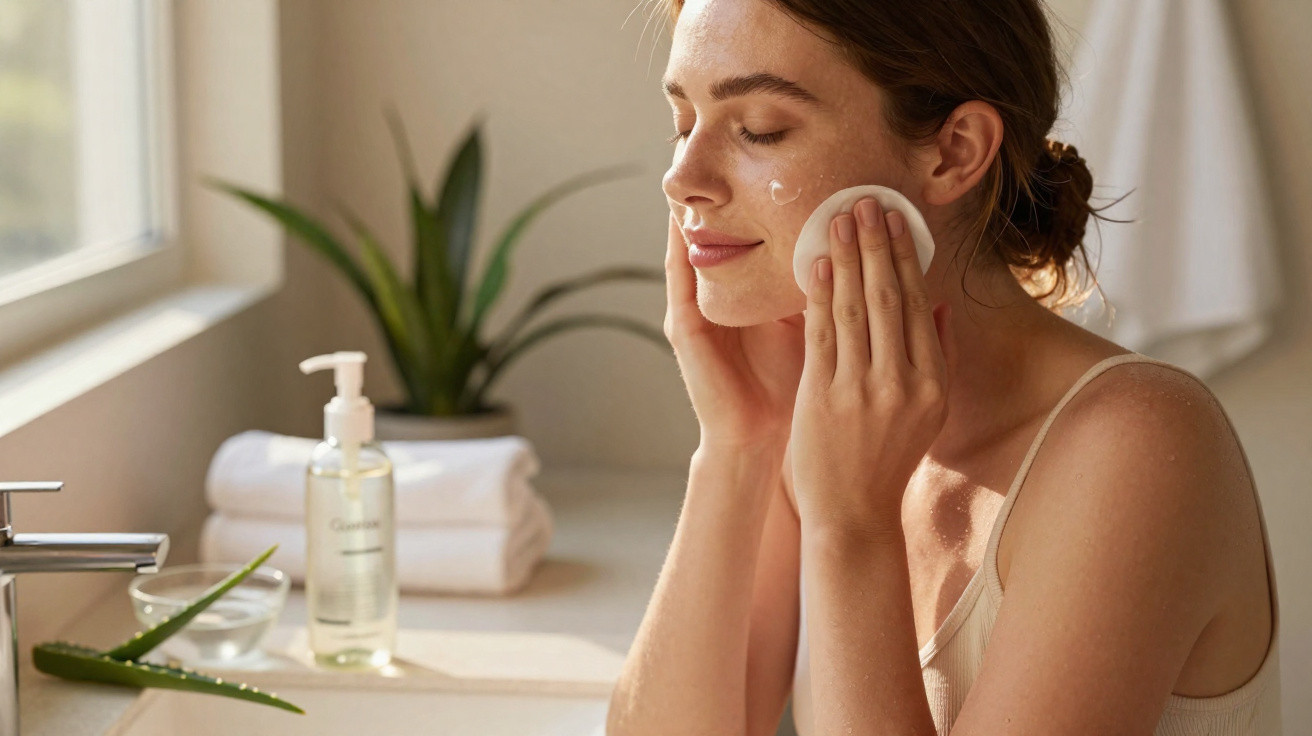 Woman gently applying cleanser to her face with a cotton pad in a bright bathroom.