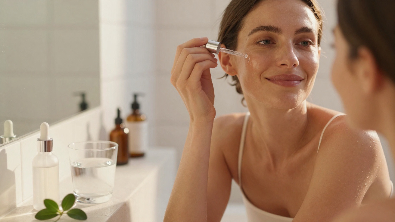 Woman applying facial serum with a dropper in front of a bathroom mirror with skincare products nearby.