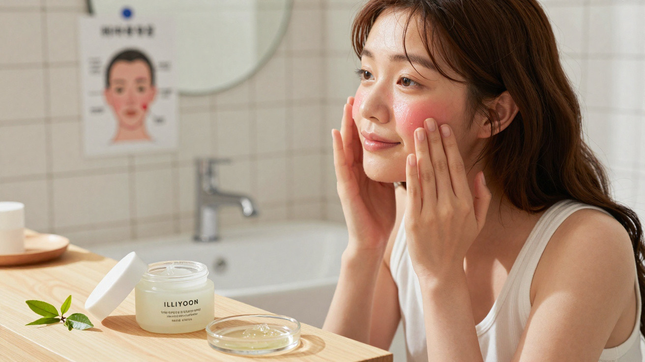 Young woman applying Illyoon skincare cream to her cheeks in a bright bathroom setting.