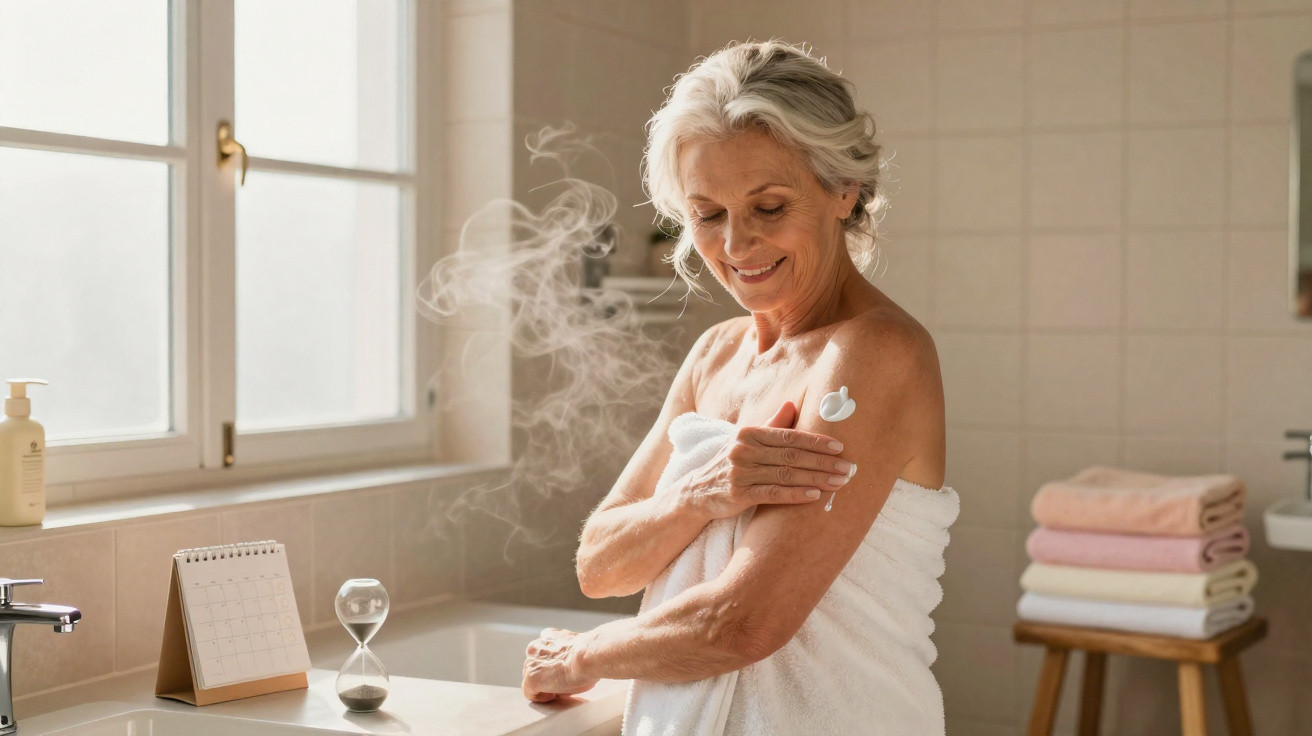 Older woman wrapped in a towel applying cream to her shoulder in a steamy bathroom near a window.