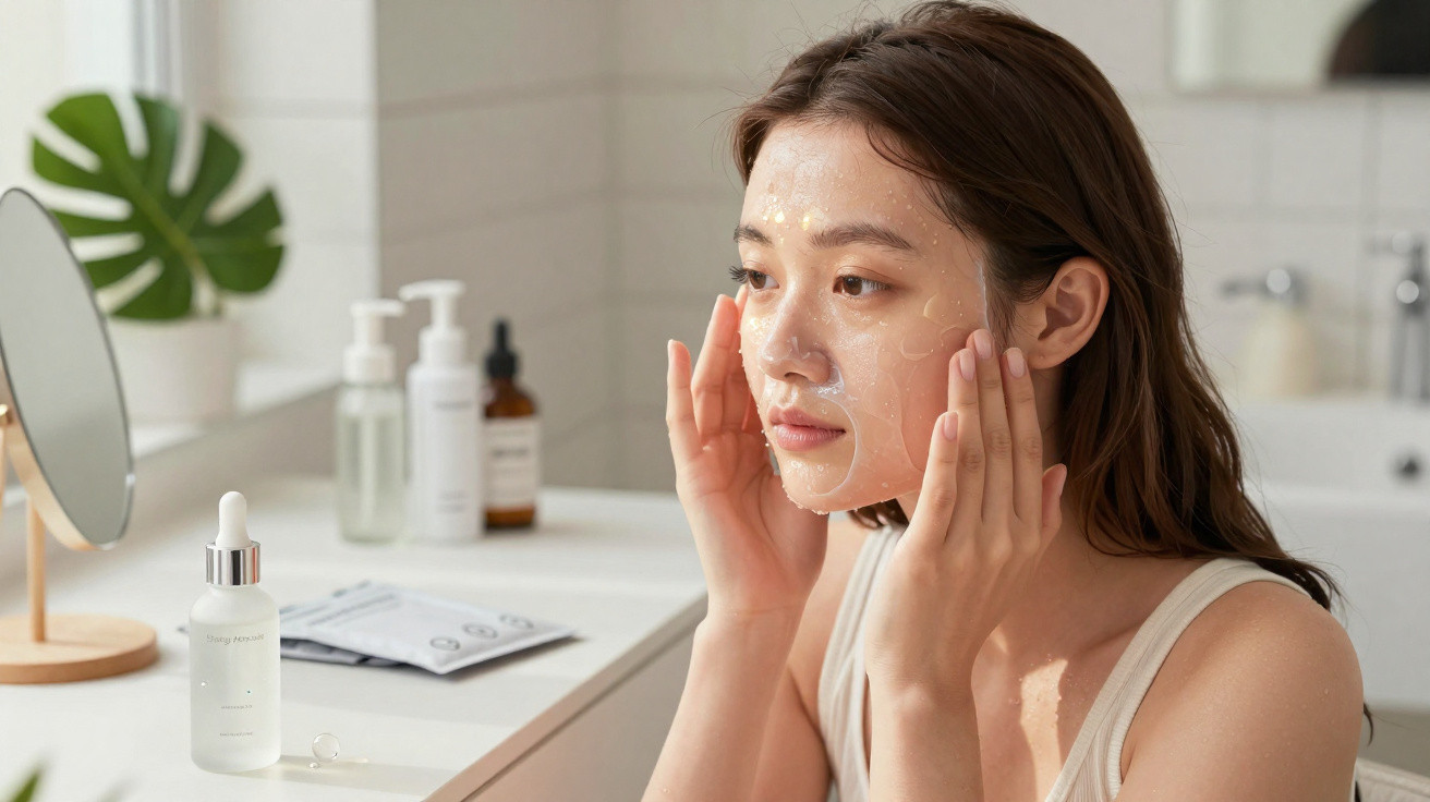 Young woman applying a clear facial serum in a bright bathroom with skincare products on the counter.