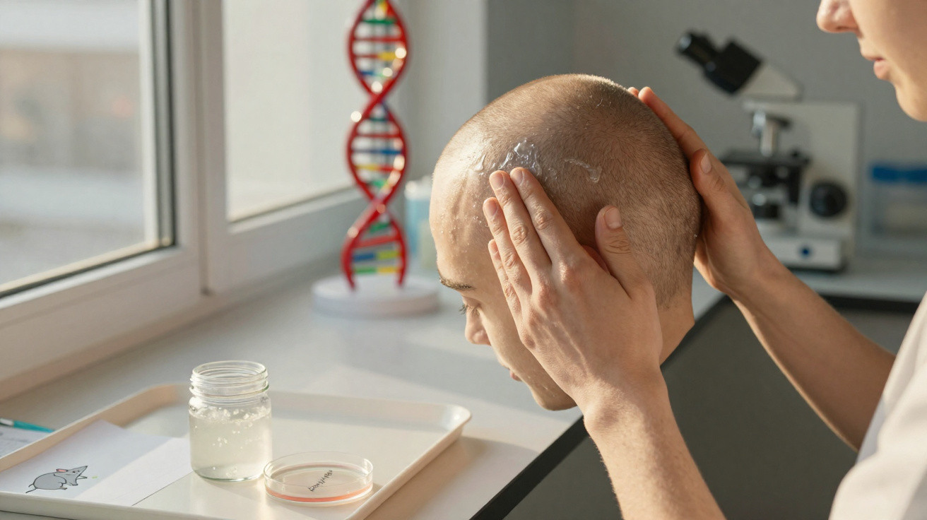 Scientist applies gel to a bald head in a laboratory with DNA model and microscope in the background.