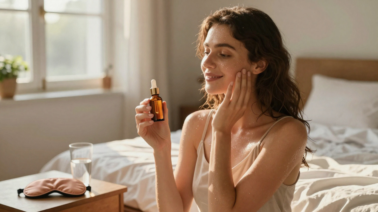 Woman in bedroom applying serum from a dropper bottle to her face with sunlight from window.